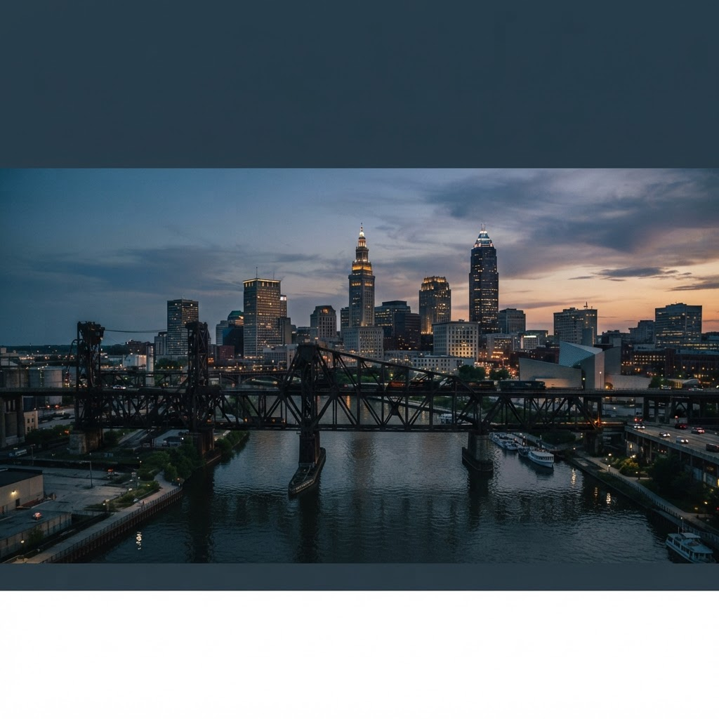 Cleveland skyline at dusk across the Cuyahoga River