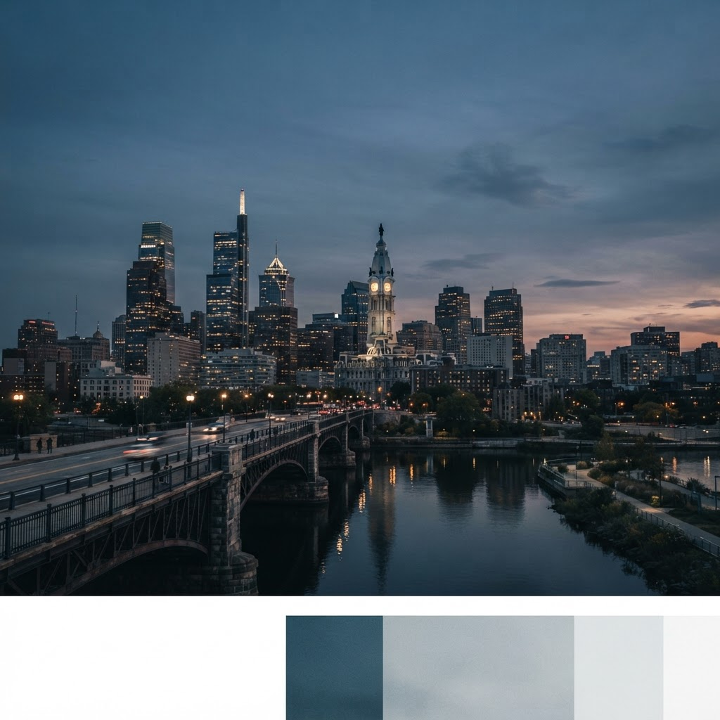 Philadelphia skyline at dusk across the Schuylkill River