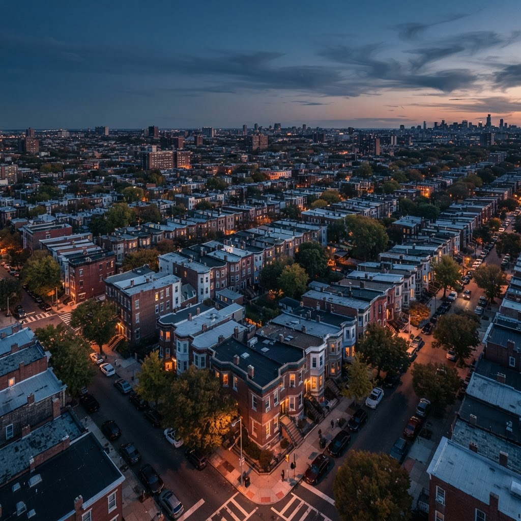 Aerial view of an urban rental neighborhood at dusk